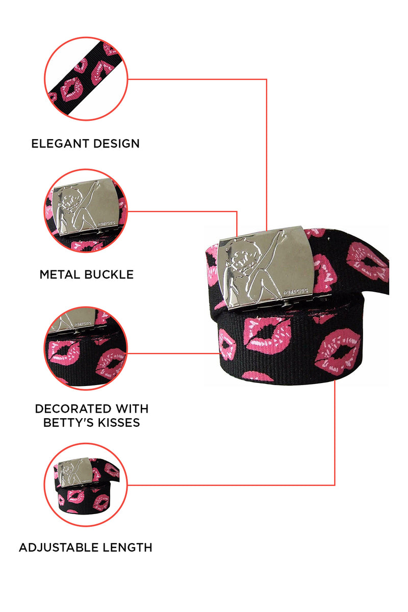 Betty Boop Stepping Out Woman's Belt No woman's belt is as sexy as the official Betty Boop Stepping Out Belt. Black with pink lipstick kisses all over not to mention the shiny buckle with Betty Boop engraved on it. Exclusively Available at Reliance Gifts www.reliancegifts.co.uk